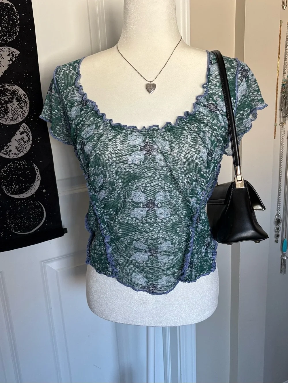 Free People 100% Cotton Green and Blue Crop Top